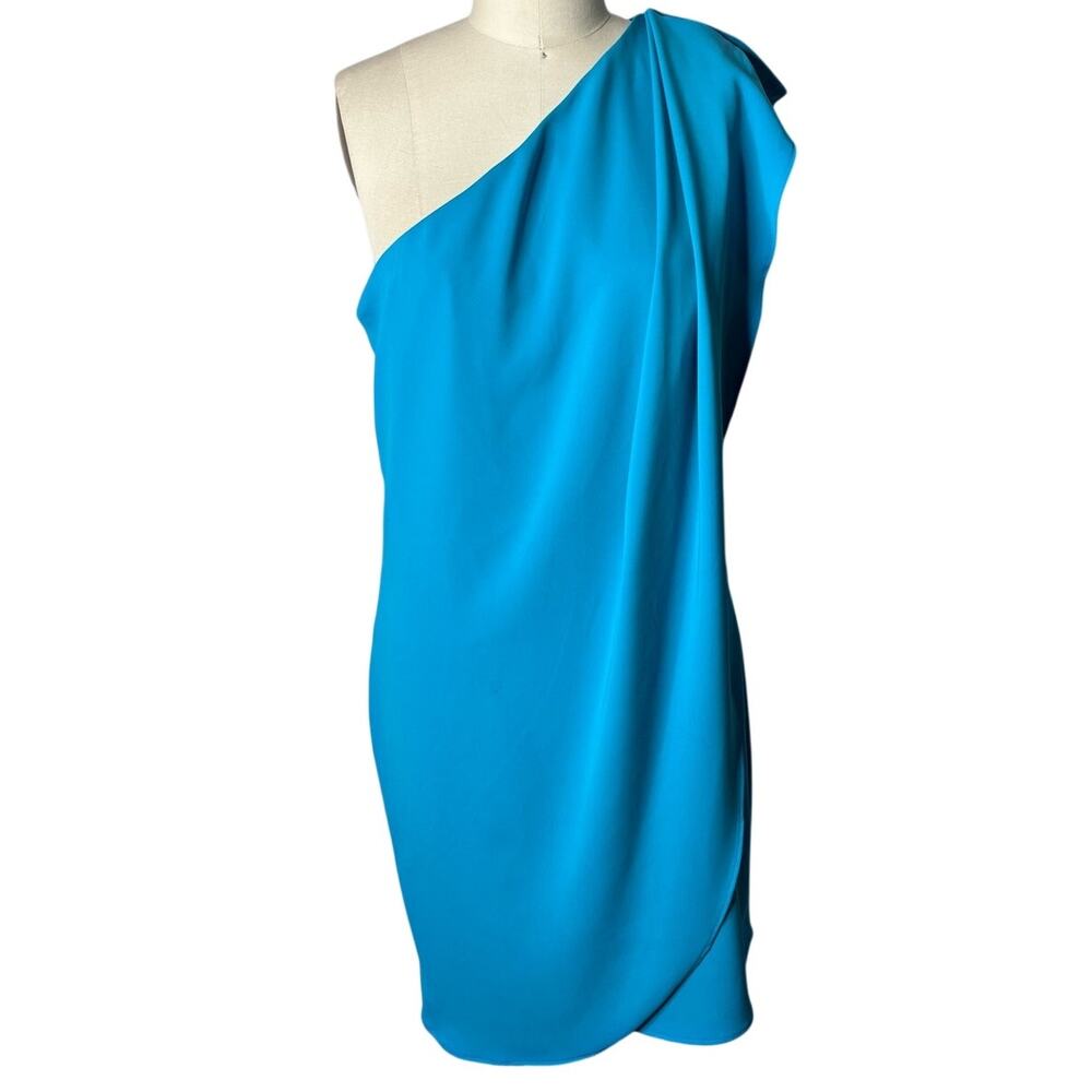 Mark + James by Badgley Mischka Blue One Shoulder Draped Cocktail Dress - Large